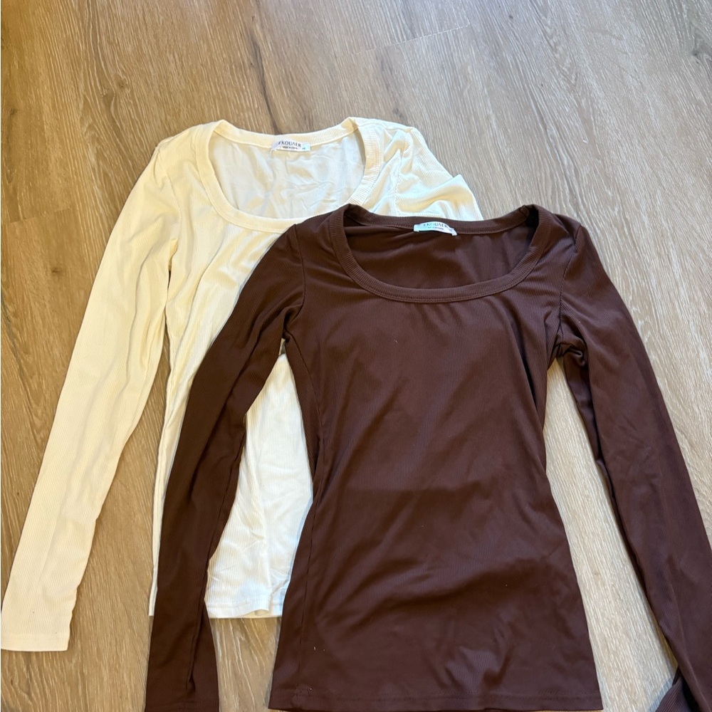 Women's Long Sleeve Tops - Cream and Brown
